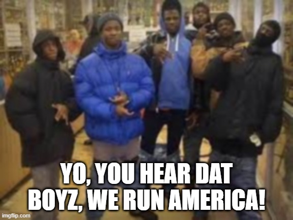 Thugs Run America | YO, YOU HEAR DAT BOYZ, WE RUN AMERICA! | image tagged in group of thugs | made w/ Imgflip meme maker