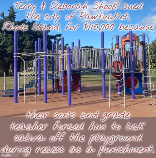 So much for teaching kids about hygiene. | Terry & Deborah Shook sued the city of Pawtucket, Rhode Island, for $115,000 because; their son's 2nd grade teacher forced him to lick saliva off the playground during recess as a punishment. | image tagged in playground,child abuse,health,dangerous | made w/ Imgflip meme maker