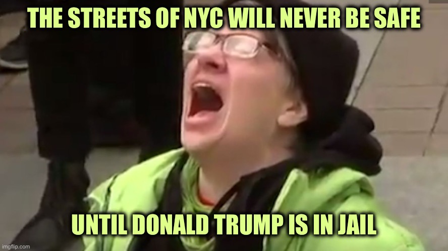 Liberal Logic | THE STREETS OF NYC WILL NEVER BE SAFE; UNTIL DONALD TRUMP IS IN JAIL | image tagged in screaming liberal,liberal logic,stupid liberals,liberal hypocrisy,libtards | made w/ Imgflip meme maker