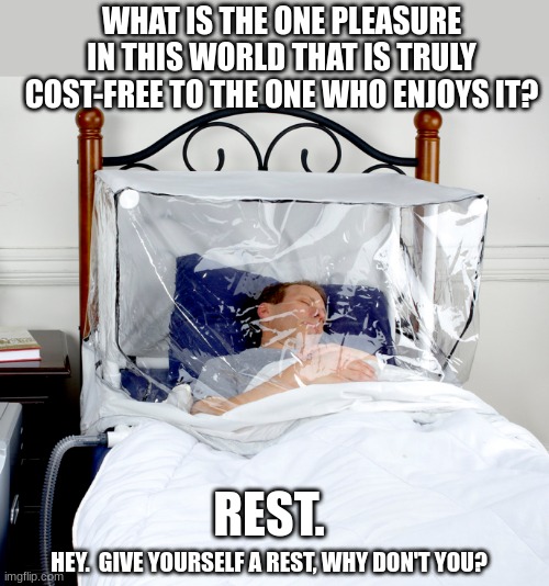 Rest is free. Ok, go. | WHAT IS THE ONE PLEASURE IN THIS WORLD THAT IS TRULY COST-FREE TO THE ONE WHO ENJOYS IT? REST. HEY.  GIVE YOURSELF A REST, WHY DON'T YOU? | image tagged in rest easy,sleep now,go to bed,hahaha,go | made w/ Imgflip meme maker