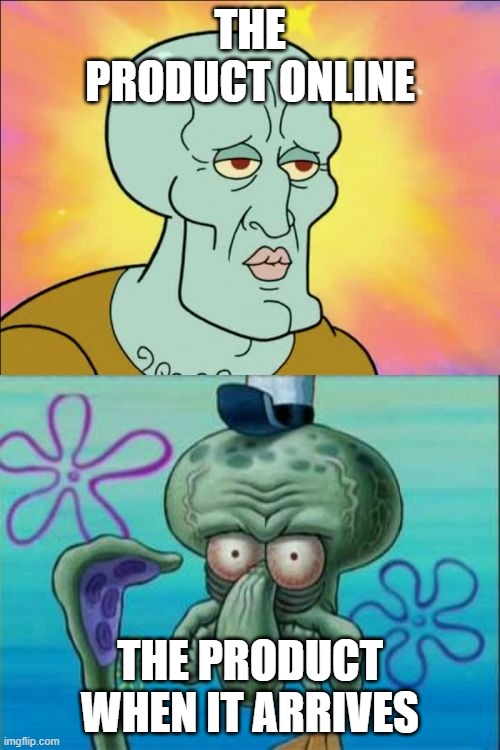 how do they do it | THE PRODUCT ONLINE; THE PRODUCT WHEN IT ARRIVES | image tagged in memes,squidward,lies | made w/ Imgflip meme maker