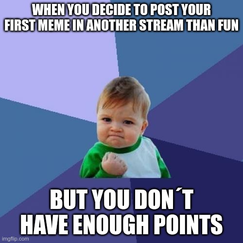 i wanted to try dark humor | WHEN YOU DECIDE TO POST YOUR FIRST MEME IN ANOTHER STREAM THAN FUN; BUT YOU DON´T HAVE ENOUGH POINTS | image tagged in memes,success kid | made w/ Imgflip meme maker