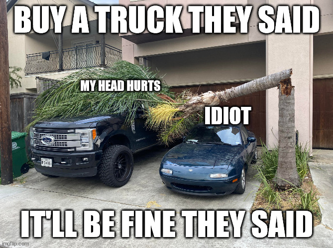 Miata is the answer | BUY A TRUCK THEY SAID; MY HEAD HURTS; IDIOT; IT'LL BE FINE THEY SAID | image tagged in miata is the answer | made w/ Imgflip meme maker