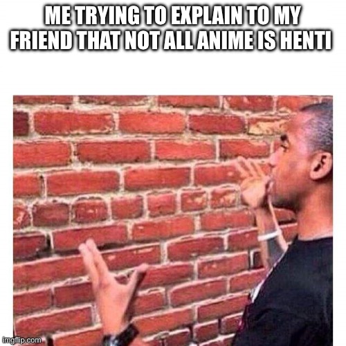 argue with a wall | ME TRYING TO EXPLAIN TO MY FRIEND THAT NOT ALL ANIME IS HENTI | image tagged in argue with a wall | made w/ Imgflip meme maker
