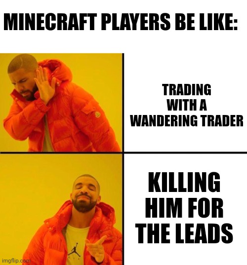 drake meme | MINECRAFT PLAYERS BE LIKE:; TRADING WITH A WANDERING TRADER; KILLING HIM FOR THE LEADS | image tagged in drake meme | made w/ Imgflip meme maker
