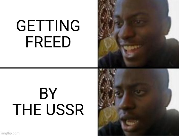 Oh yeah! Oh no... | GETTING FREED; BY THE USSR | image tagged in oh yeah oh no | made w/ Imgflip meme maker