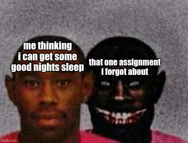 uojo | me thinking i can get some good nights sleep; that one assignment i forgot about | image tagged in good tyler and bad tyler | made w/ Imgflip meme maker