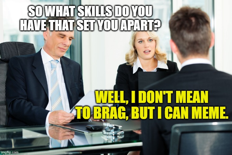 job interview | SO WHAT SKILLS DO YOU HAVE THAT SET YOU APART? WELL, I DON'T MEAN TO BRAG, BUT I CAN MEME. | image tagged in job interview | made w/ Imgflip meme maker