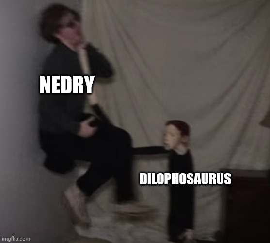 Nedry's Demise | NEDRY; DILOPHOSAURUS | image tagged in life of luxury doll,jurassic park,jurassicparkfan102504,jpfan102504 | made w/ Imgflip meme maker