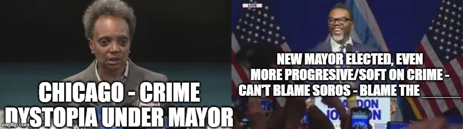 CHICAGO - CRIME DYSTOPIA UNDER MAYOR; NEW MAYOR ELECTED, EVEN MORE PROGRESIVE/SOFT ON CRIME - CAN'T BLAME SOROS - BLAME THE _____ | image tagged in memes | made w/ Imgflip meme maker