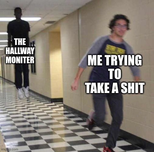 floating boy chasing running boy | THE HALLWAY MONITER; ME TRYING TO TAKE A SHIT | image tagged in floating boy chasing running boy | made w/ Imgflip meme maker