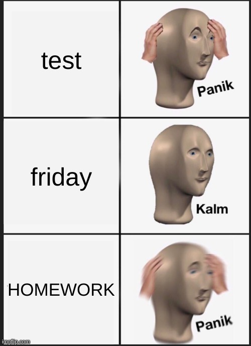 bro AAA- | test; friday; HOMEWORK | image tagged in memes,panik kalm panik | made w/ Imgflip meme maker