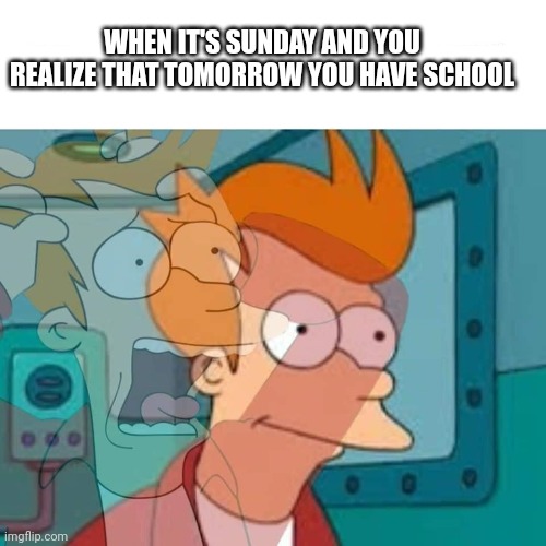 . | WHEN IT'S SUNDAY AND YOU REALIZE THAT TOMORROW YOU HAVE SCHOOL | image tagged in fry,futurama fry | made w/ Imgflip meme maker