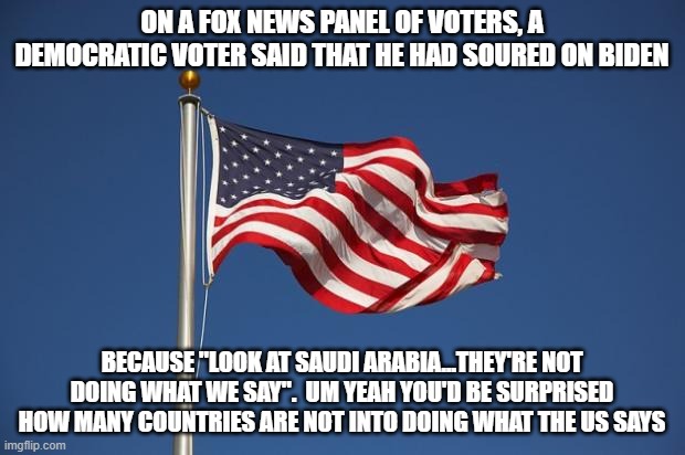 US Flag | ON A FOX NEWS PANEL OF VOTERS, A DEMOCRATIC VOTER SAID THAT HE HAD SOURED ON BIDEN; BECAUSE "LOOK AT SAUDI ARABIA...THEY'RE NOT DOING WHAT WE SAY".  UM YEAH YOU'D BE SURPRISED HOW MANY COUNTRIES ARE NOT INTO DOING WHAT THE US SAYS | image tagged in us flag | made w/ Imgflip meme maker