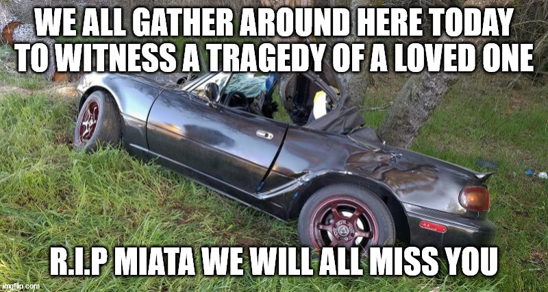 sad death of miata | WE ALL GATHER AROUND HERE TODAY TO WITNESS A TRAGEDY OF A LOVED ONE; R.I.P MIATA WE WILL ALL MISS YOU | image tagged in sad death of miata | made w/ Imgflip meme maker