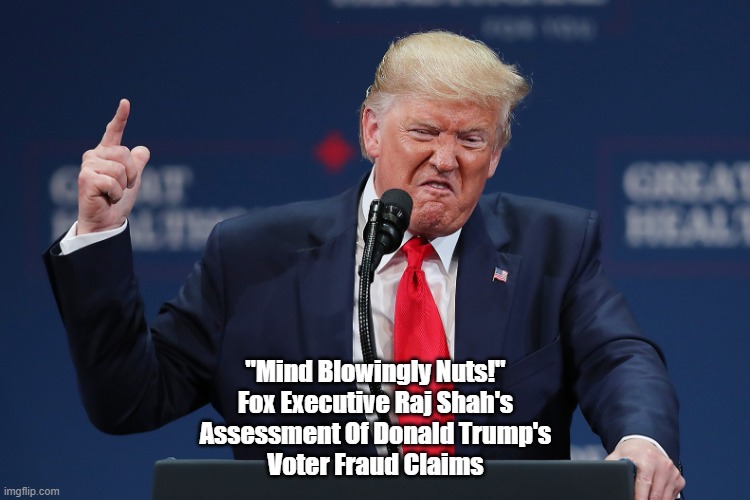 "Mind Blowingly Nuts" | "Mind Blowingly Nuts!"
Fox Executive Raj Shah's
Assessment Of Donald Trump's
Voter Fraud Claims | image tagged in trump,nuts,lunacy,insane,insanity wolf,crazy | made w/ Imgflip meme maker