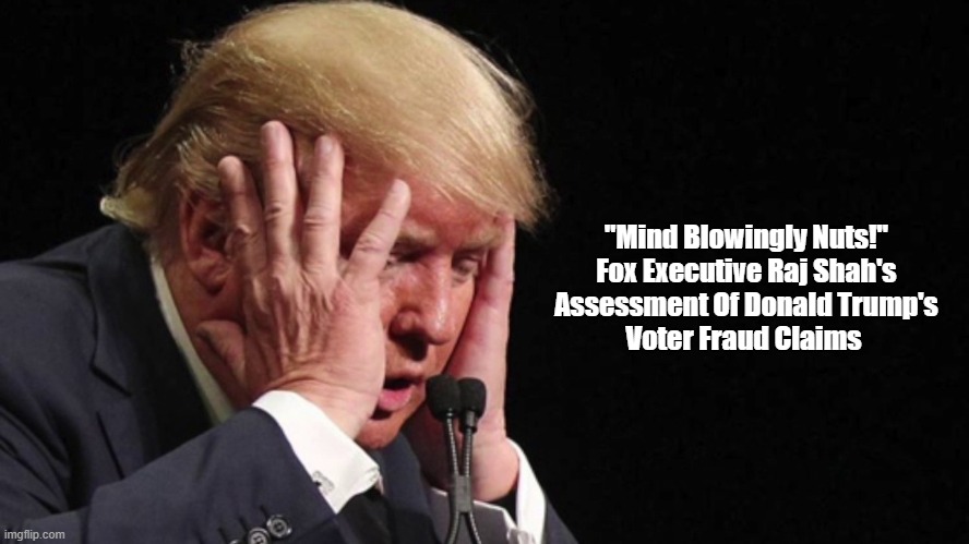 "Mind Blowingly Nuts!" | "Mind Blowingly Nuts!"
Fox Executive Raj Shah's
Assessment Of Donald Trump's
Voter Fraud Claims | image tagged in trump,nuts,crazy,prince of darkness,malignant messiah,insane | made w/ Imgflip meme maker