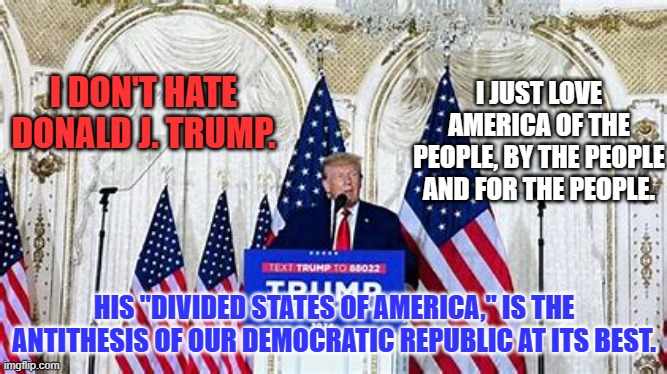 The MAGA GOP thinks America is not watching their descent into the "Dark Side." | I JUST LOVE AMERICA OF THE PEOPLE, BY THE PEOPLE AND FOR THE PEOPLE. I DON'T HATE DONALD J. TRUMP. HIS "DIVIDED STATES OF AMERICA," IS THE ANTITHESIS OF OUR DEMOCRATIC REPUBLIC AT ITS BEST. | image tagged in politics | made w/ Imgflip meme maker