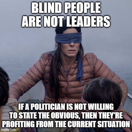 Bird Box | BLIND PEOPLE ARE NOT LEADERS; IF A POLITICIAN IS NOT WILLING TO STATE THE OBVIOUS, THEN THEY'RE PROFITING FROM THE CURRENT SITUATION | image tagged in memes,bird box | made w/ Imgflip meme maker