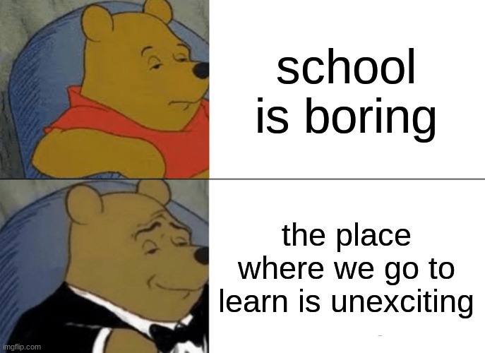 fancy Winnie the pooh | school is boring; the place where we go to learn is unexciting | image tagged in memes,tuxedo winnie the pooh | made w/ Imgflip meme maker