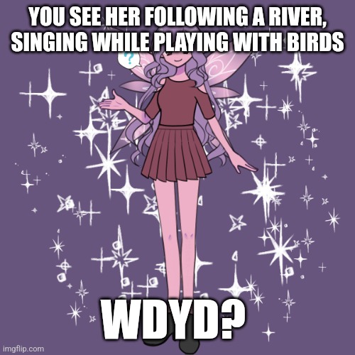 YOU SEE HER FOLLOWING A RIVER, SINGING WHILE PLAYING WITH BIRDS; WDYD? | image tagged in top girls preferred for romance,no joke,no bambi,erp in memechat | made w/ Imgflip meme maker