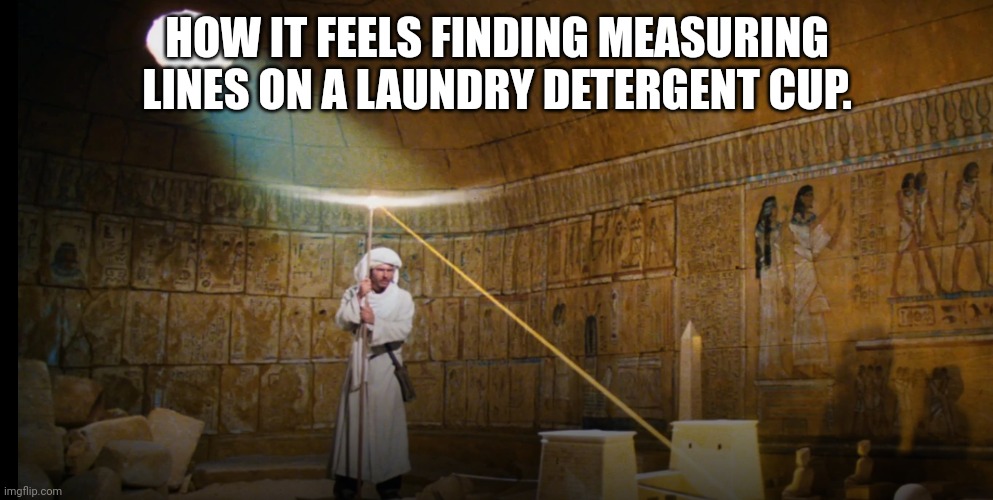 Indian Jones and Ra | HOW IT FEELS FINDING MEASURING LINES ON A LAUNDRY DETERGENT CUP. | image tagged in funny,indiana jones | made w/ Imgflip meme maker