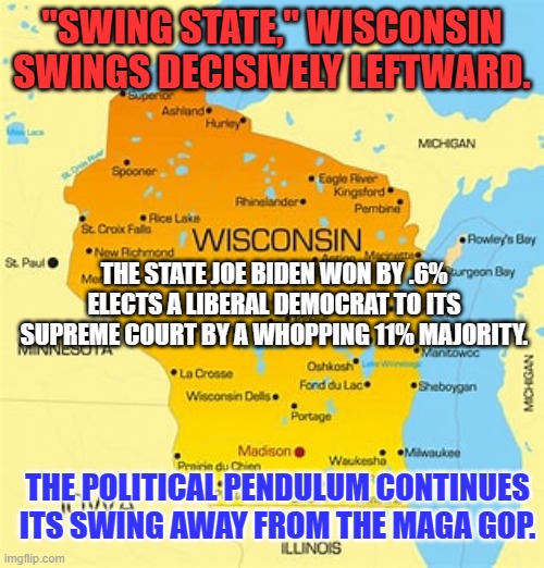 Americans seem less "Deaf, Dumb and Blind," to the GOP's "Pinball Wizard." | "SWING STATE," WISCONSIN SWINGS DECISIVELY LEFTWARD. THE STATE JOE BIDEN WON BY .6% ELECTS A LIBERAL DEMOCRAT TO ITS SUPREME COURT BY A WHOPPING 11% MAJORITY. THE POLITICAL PENDULUM CONTINUES ITS SWING AWAY FROM THE MAGA GOP. | image tagged in politics | made w/ Imgflip meme maker