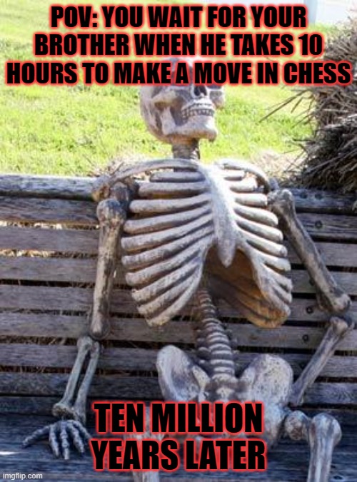 time for chess | POV: YOU WAIT FOR YOUR BROTHER WHEN HE TAKES 10 HOURS TO MAKE A MOVE IN CHESS; TEN MILLION YEARS LATER | image tagged in memes,waiting skeleton,funny | made w/ Imgflip meme maker