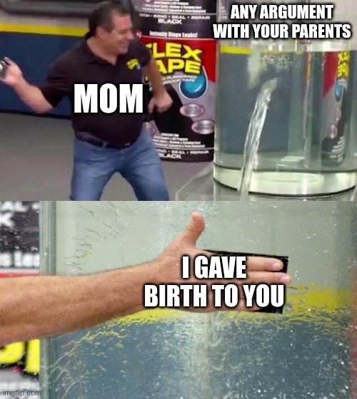 Flex Tape | ANY ARGUMENT WITH YOUR PARENTS; MOM; I GAVE BIRTH TO YOU | image tagged in flex tape | made w/ Imgflip meme maker