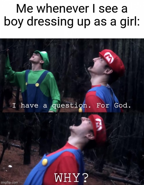 Everytime I go to school, I see this ALL the time... | Me whenever I see a boy dressing up as a girl: | image tagged in i have a question for god,memes,gay pride,please help me | made w/ Imgflip meme maker