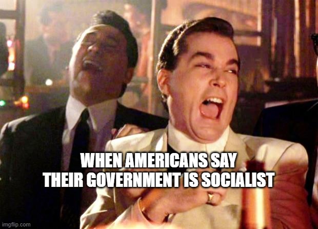 Goodfellas Laugh | WHEN AMERICANS SAY THEIR GOVERNMENT IS SOCIALIST | image tagged in goodfellas laugh | made w/ Imgflip meme maker