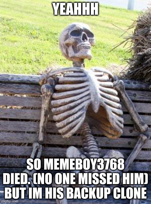 account deleted | YEAHHH; SO MEMEBOY3768 DIED. (NO ONE MISSED HIM) BUT IM HIS BACKUP CLONE | image tagged in memes,waiting skeleton | made w/ Imgflip meme maker