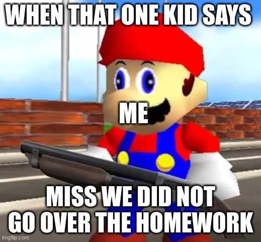 SMG4 Shotgun Mario | WHEN THAT ONE KID SAYS; ME; MISS WE DID NOT GO OVER THE HOMEWORK | image tagged in smg4 shotgun mario | made w/ Imgflip meme maker
