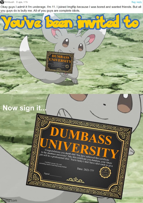Next time follow the rules. | image tagged in you've been invited to dumbass university,imgflip,imgflip users,pokemon,dumbass,why are you reading the tags | made w/ Imgflip meme maker