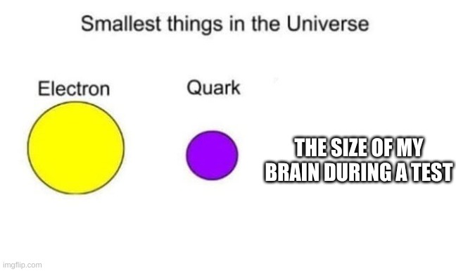 e | THE SIZE OF MY BRAIN DURING A TEST | image tagged in smallest things in the universe,my brain,in a nutshell | made w/ Imgflip meme maker