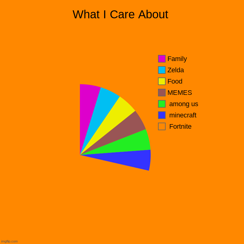 What I Care About |  Fortnite,  minecraft,  among us, MEMES, Food, Zelda, Family | image tagged in charts,pie charts | made w/ Imgflip chart maker