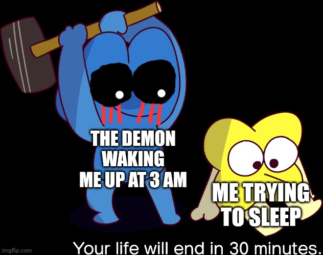 Does anyone else have this problem? | THE DEMON WAKING ME UP AT 3 AM; ME TRYING TO SLEEP | image tagged in your life will end in 30 minutes | made w/ Imgflip meme maker