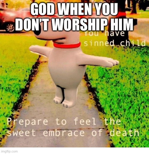 You have sinned child prepare to feel the sweet embrace of death | GOD WHEN YOU DON’T WORSHIP HIM | image tagged in you have sinned child prepare to feel the sweet embrace of death | made w/ Imgflip meme maker
