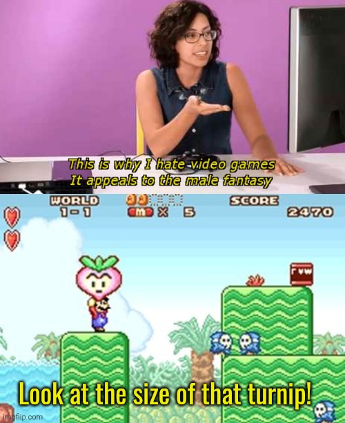 Video games are sexist | Look at the size of that turnip! | image tagged in video games,stop it get some help,but why why would you do that,super mario bros | made w/ Imgflip meme maker