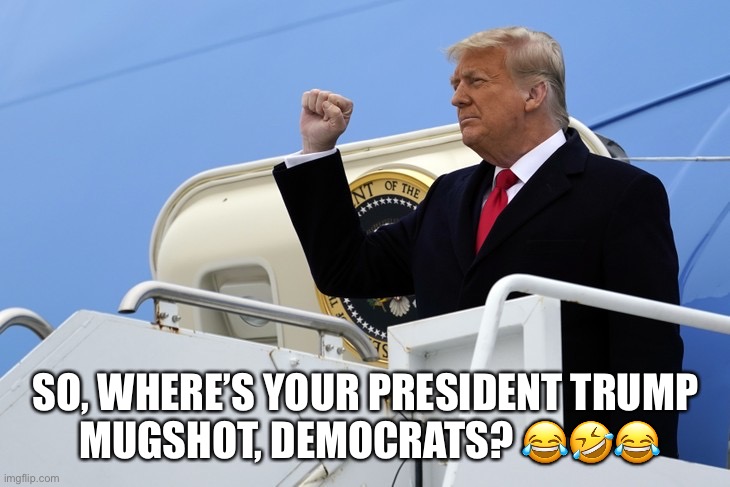 Democrats are sad, now. No mugshot. | SO, WHERE’S YOUR PRESIDENT TRUMP 
MUGSHOT, DEMOCRATS? 😂🤣😂 | image tagged in president trump,donald trump,democrat party | made w/ Imgflip meme maker