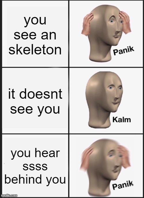 Panik Kalm Panik | you see an skeleton; it doesnt see you; you hear ssss behind you | image tagged in memes,panik kalm panik | made w/ Imgflip meme maker