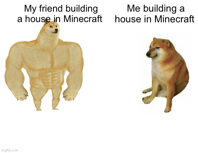 Buff Doge vs. Cheems Meme | My friend building a house in Minecraft; Me building a house in Minecraft | image tagged in memes,buff doge vs cheems | made w/ Imgflip meme maker