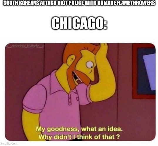 Why Didnt I Think Of That? | SOUTH KOREANS ATTACK RIOT POLICE WITH HOMADE FLAMETHROWERS; CHICAGO: | image tagged in why didnt i think of that | made w/ Imgflip meme maker