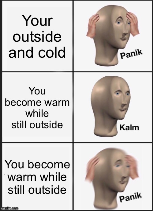Mod note: has happened to me before | Your outside and cold; You become warm while still outside; You become warm while still outside | image tagged in memes,panik kalm panik | made w/ Imgflip meme maker