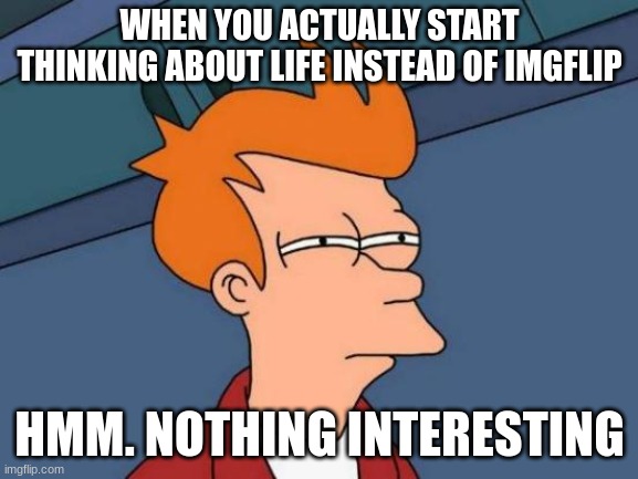 Futurama Fry Meme | WHEN YOU ACTUALLY START THINKING ABOUT LIFE INSTEAD OF IMGFLIP; HMM. NOTHING INTERESTING | image tagged in memes,futurama fry | made w/ Imgflip meme maker