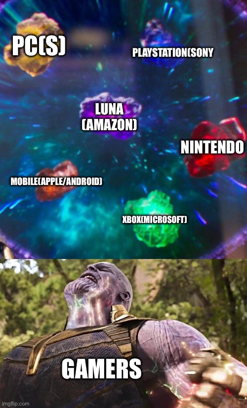 CHICKEEN NOOGET | PC(S); PLAYSTATION(SONY; LUNA (AMAZON); NINTENDO; MOBILE(APPLE/ANDROID); XBOX(MICROSOFT); GAMERS | image tagged in thanos infinity stones | made w/ Imgflip meme maker