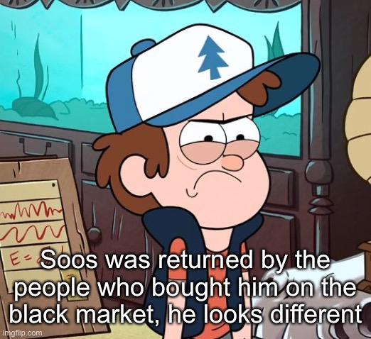 Angry Dipper | Soos was returned by the people who bought him on the black market, he looks different | image tagged in angry dipper | made w/ Imgflip meme maker