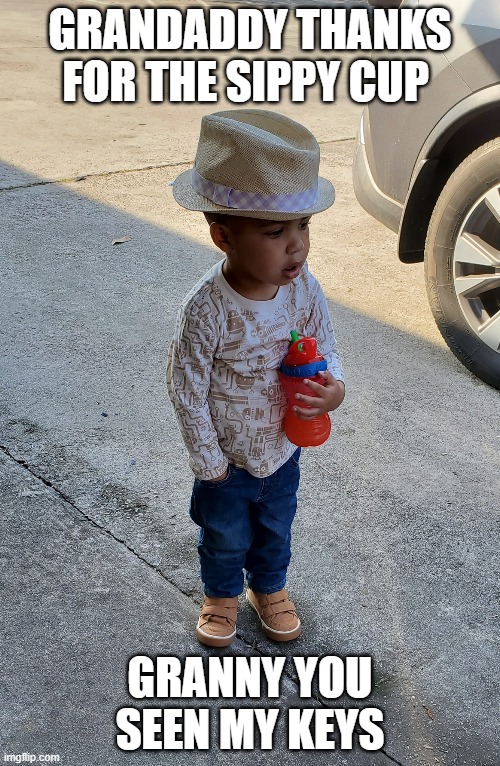 Cool Kid | GRANDADDY THANKS FOR THE SIPPY CUP; GRANNY YOU  SEEN MY KEYS | image tagged in cool,kids,funny meme,granny | made w/ Imgflip meme maker