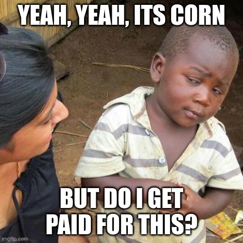 its corn! | YEAH, YEAH, ITS CORN; BUT DO I GET PAID FOR THIS? | image tagged in memes,third world skeptical kid | made w/ Imgflip meme maker