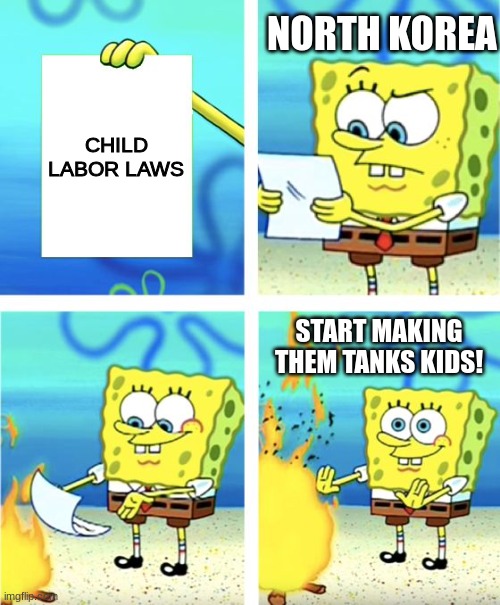 this is meant to be a joke | NORTH KOREA; CHILD LABOR LAWS; START MAKING THEM TANKS KIDS! | image tagged in spongebob burning paper | made w/ Imgflip meme maker